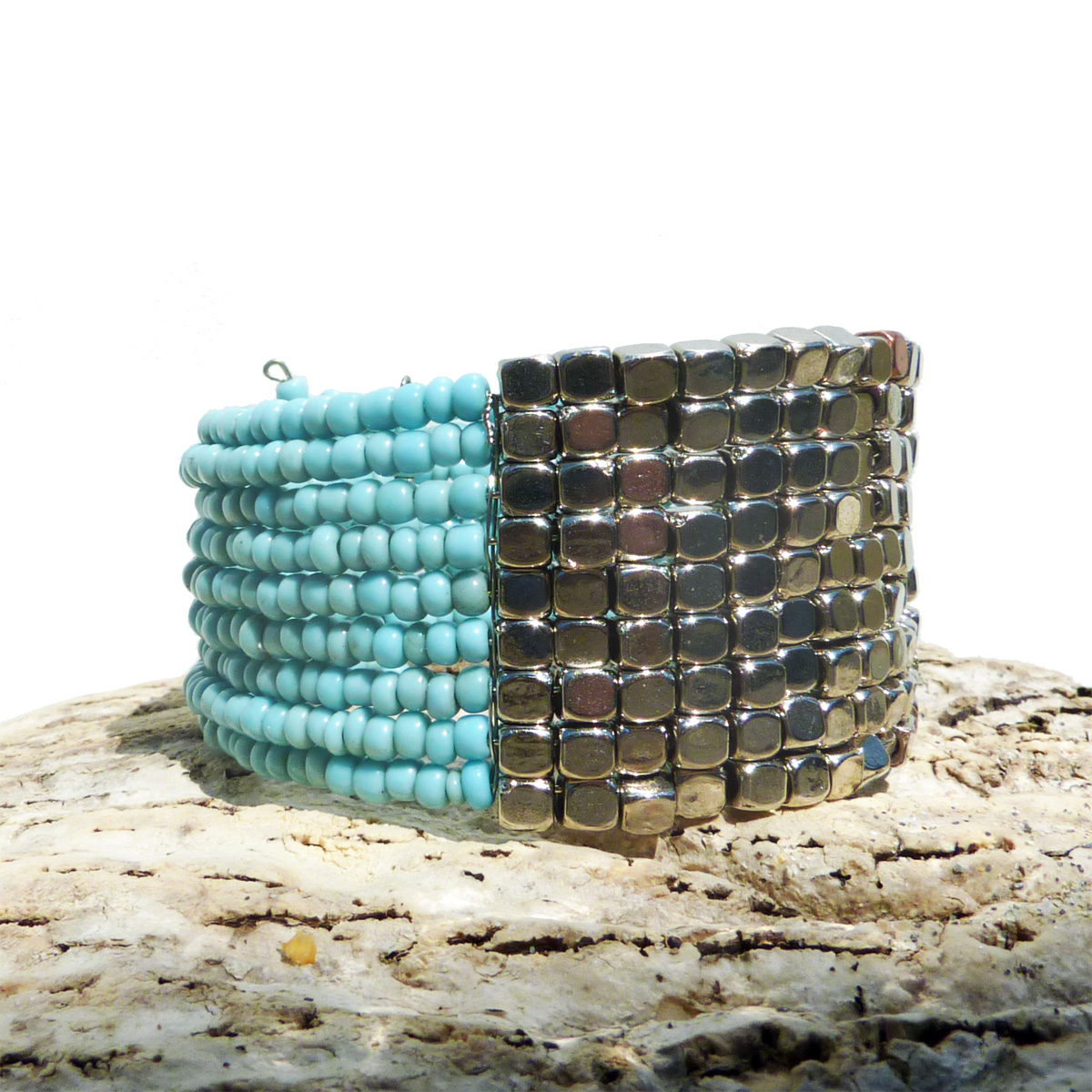 Bracelet Manchette Perles De Rocailles Turquoises Et Perles M Tal